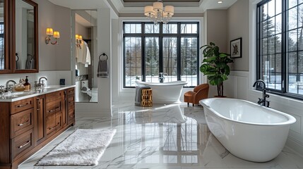 Luxurious Bathroom with Winter View. Spacious luxurious bathroom with large windows showcasing a snowy winter landscape, elegant freestanding tub, and modern fixtures for a cozy retreat.