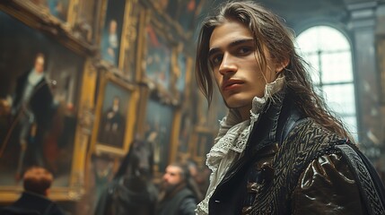 Fototapeta premium Back of an adult person looking at renaissance style paintings in an old museum art gallery 