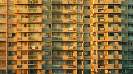 Sunset light casts a warm glow on the facade of an urban apartment building, highlighting the windows and creating long shadows.
