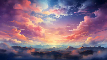 Fototapeta premium Dreamy Sunset Illustration with Mountains and Stars