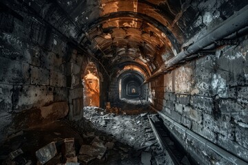 Naklejka premium A labyrinthine network of crumbling underground tunnels, where the desperate and downtrodden eke out a living in the shadows, Generative AI