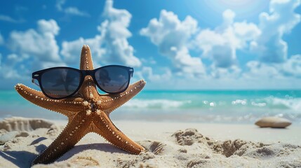 Summer vacations background starfish with sunglasses on sandy beach