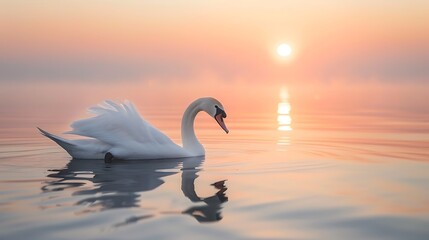 Obraz premium Swan floating on the water at sunrise of the day