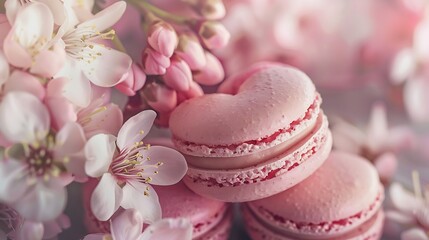 Fototapeta premium sweet macarons in heart shape with flowers in pink tone
