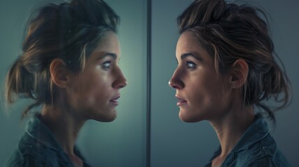 Fototapeta premium Reflection of Despair: Depressed Person Staring Blankly in Mirror
