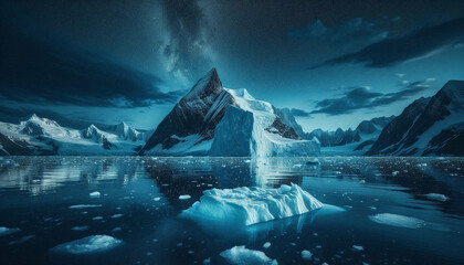Arctic iceberg mountain landscape, ice crystal on water, glacier advertisement, blue ice cold, dark sky night