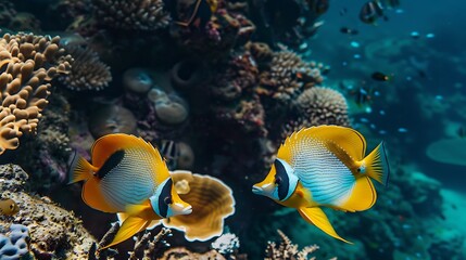 Naklejka premium The pacific double saddle butterflyfish or false furcula butterflyfish in sea