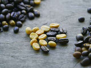 coffee shop advertisement background with copy space, Coffee beans background, Texture of coffee beans, coffee beans and leaves on minimal background for invitations