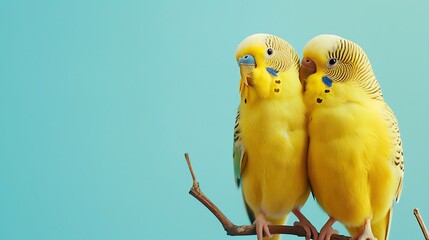 Two cute cuddling budgies perched on branch with blue background