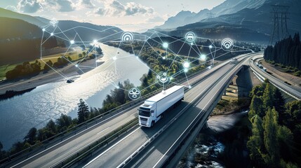 Fototapeta premium Connected Truck Driving on a Scenic Highway