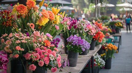 Obraz premium Vendors with fresh-cut seasonal flowers in a large outdoor venue in los angeles