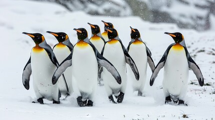 Fototapeta premium A group of King penguins, Aptenodytes patagonicus, walking across white snow