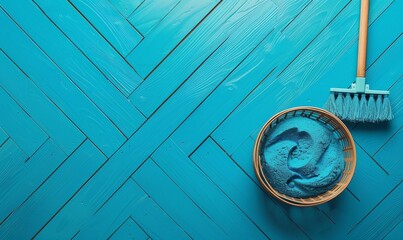 blue wooden floor with herringbone texture, top view of empty bamboo basket filled with cyan powder, dustpan next to it, broom on one side, bright blue color scheme, minimalist style