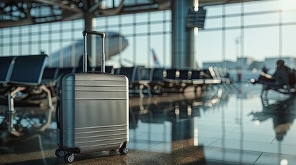 Naklejka premium Luggage suitcase photo at airport with copy space, vacation, banner
