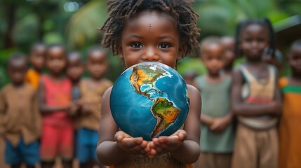  International day of peace concept with African Children holding earth globe. Group of African...