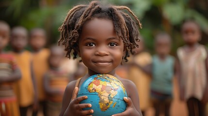 Fototapeta premium International day of peace concept with African Children holding earth globe. Group of African children holding planet earth over blurry nature background with copy space 