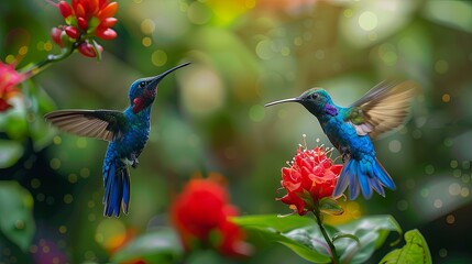 Obraz premium Blue hummingbird Violet Sabrewing flying next to beautiful red flower