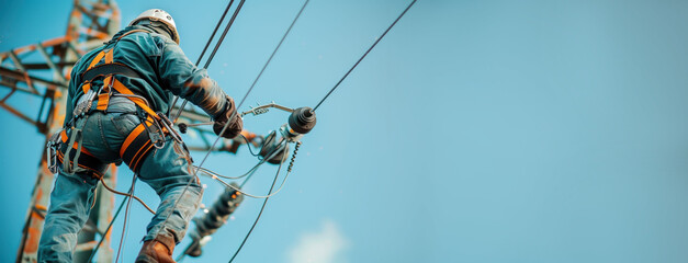 Aerial lineman working on high voltage power lines with safety harness and equipment, maintaining electrical infrastructure against clear blue sky backdrop