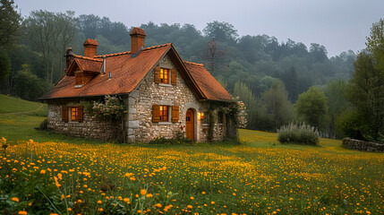 Serene Rustic Stone Cottage Surrounded by Lush Green Meadow