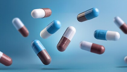 medical capsules antibiotics levitate on a blue background