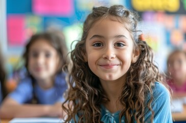 Fototapeta premium Smiling young girl with curly hair in a classroom, other students blurred in the background