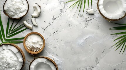 Whole coconuts and coconut products as milk and powder white stone background
