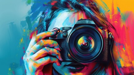 Colorful abstract portrait of a woman holding a camera with vibrant brush strokes and splashes of paint