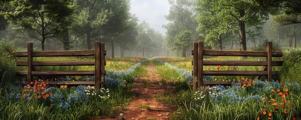 Obraz premium Wooden gate at the start of a forest path, wildflowers blooming, bird songs, morning freshness, natural beauty, Realism, 3D Render, Vivid Colors