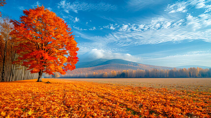 Fototapeta premium Tranquil Autumn Scene: Vibrant Foliage under Blue Sky
