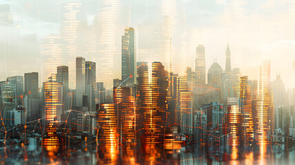 Obraz premium Double exposure of city, graph and rows of coins for finance and banking concept