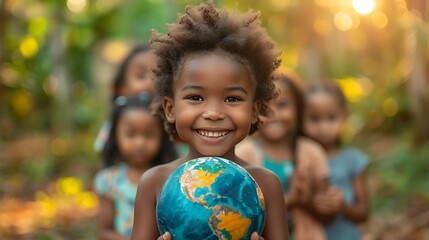 Fototapeta premium International day of peace concept with African Children holding earth globe. Group of African children holding planet earth over blurry nature background with copy space 