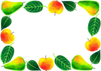 Fruit frame. Pears, apples, various leaves. Drawing with colored pencils. Orange, yellow and various shades of green. Realistic drawing. Strokes texture. White background and copy space.