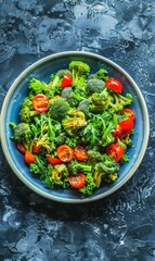 Delicious and healthy broccoli salad on rustic background