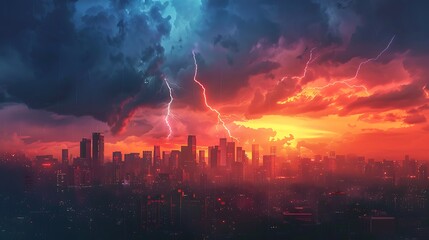 Tempestuous Twilight: Dramatic Cityscape Under Sunset Storm