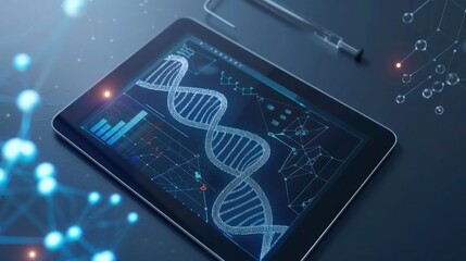 Glowing DNA strand with digital interface for chromosome analysis on a sleek tablet screen. Medicine and genetics theme.