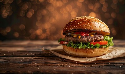 juicy hamburger with lettuce and tomatoes on an old wooden table, against a brown background with...