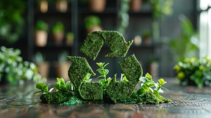  Green recycle symbol icon sign with professional environment background to represent recycling or sorting of waste at office and for working people 