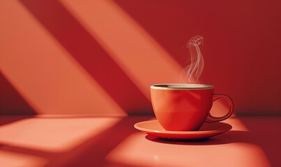 red cup of coffee with steam rising from it, placed on an orange table against a solid background, with soft light and diffused shadows creating a cozy atmosphere