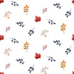 Botanical seamless pattern. Simple Plant. Simple autumn branches, plant. White background. Decorative ornament in Scandinavian style. Hand drown. Flat vector illustration