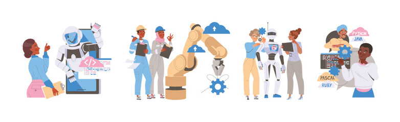 Robotics Programming with Male and Female Engineer Characters Engaged in Artificial Intelligence Development Vector Set