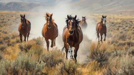Obraz premium Wild Horses Galloping Through Dust