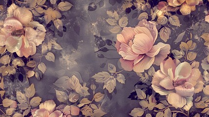 Elegant Vintage Floral Pattern, Beige and Brown Flowers on Textured Background, Retro Botanical Design
