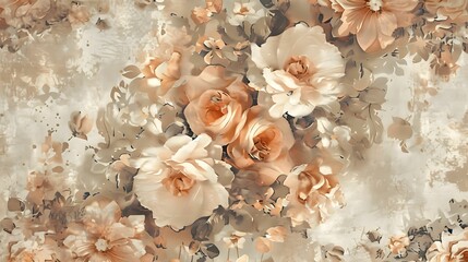 Fototapeta premium Elegant Vintage Floral Pattern, Beige and Brown Flowers on Textured Background, Retro Botanical Design 