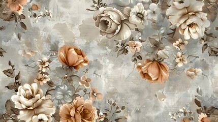 Obraz premium Elegant Vintage Floral Pattern, Beige and Brown Flowers on Textured Background, Retro Botanical Design 