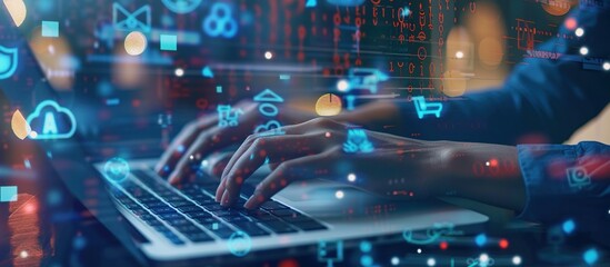 Digital Interface and Hands Typing on a Laptop