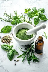 A white mortar containing rosemary herbs, next to a bottle of essential oil