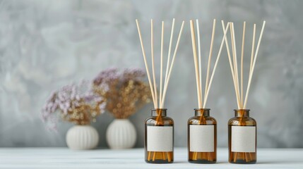 Luxurious reed diffusers with elegant labels, stylish packaging, releasing a fresh and calming scent, showcased in a modern interior