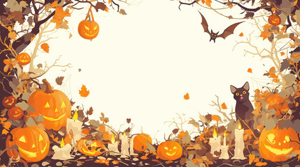 Vector illustration of Halloween party banner with spooky decorations, pumpkins and witch hats, candles, spider webs on white background, PPT background