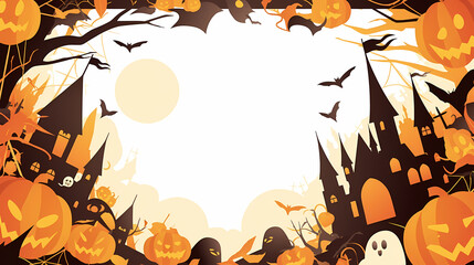 Vector illustration of Halloween party banner with spooky decorations, pumpkins and witch hats, candles, spider webs on white background, PPT background