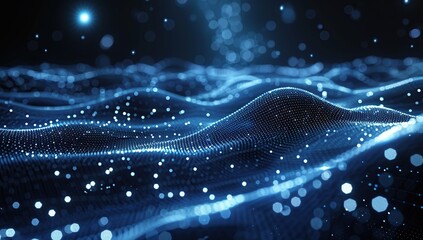 Abstract Blue Wavy Background with Glowing Particles